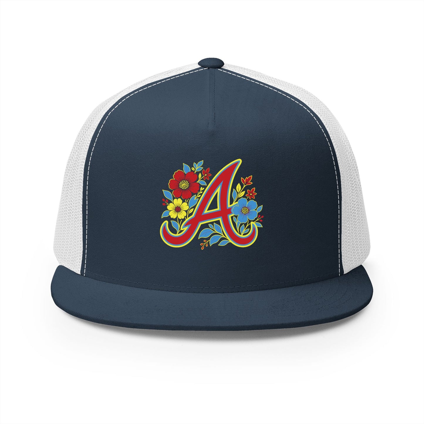 Floral Letter A Embroidered Initial Trucker Cap | Monogram Flower Hat