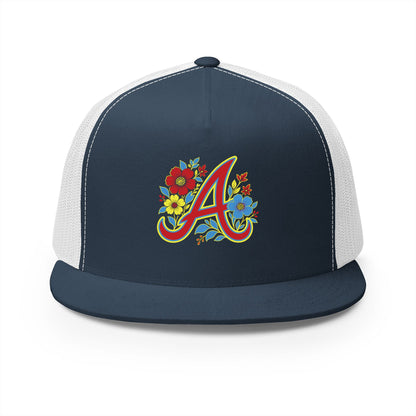 Floral Letter A Embroidered Initial Trucker Cap | Monogram Flower Hat