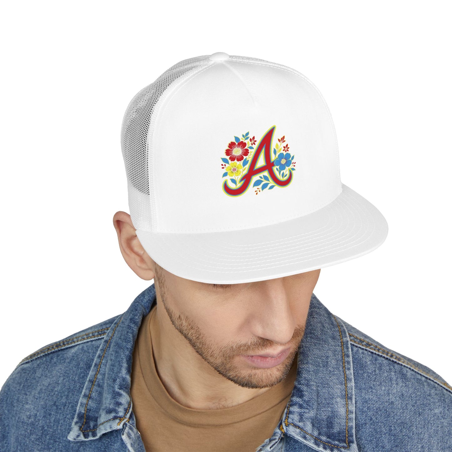 Floral Letter A Embroidered Initial Trucker Cap | Monogram Flower Hat