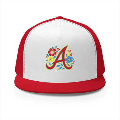 Floral Letter A Embroidered Initial Trucker Cap | Monogram Flower Hat
