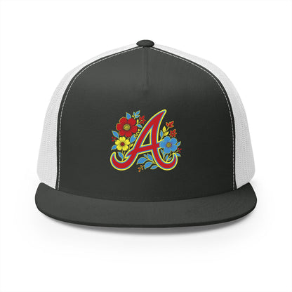 Floral Letter A Embroidered Initial Trucker Cap | Monogram Flower Hat