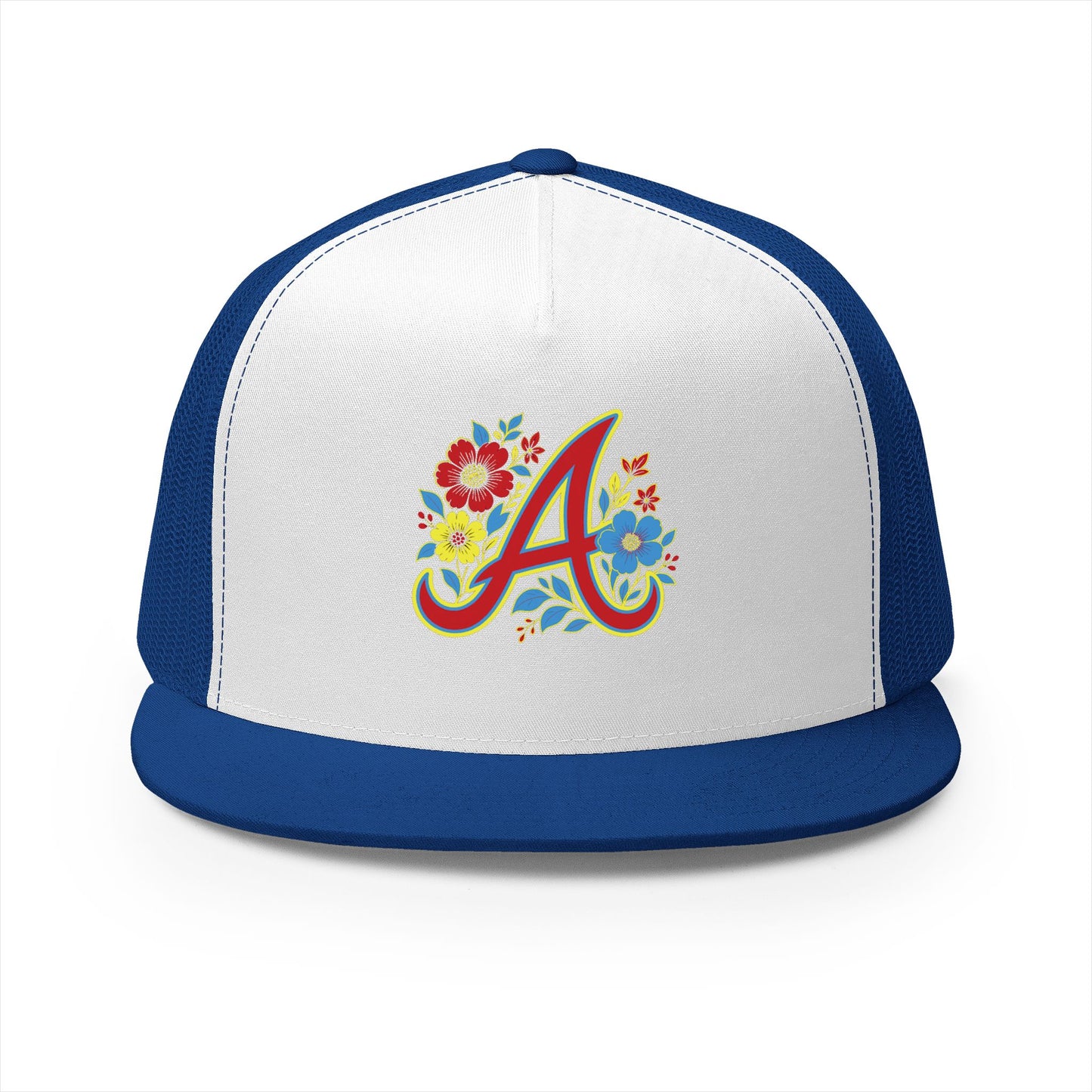 Floral Letter A Embroidered Initial Trucker Cap | Monogram Flower Hat