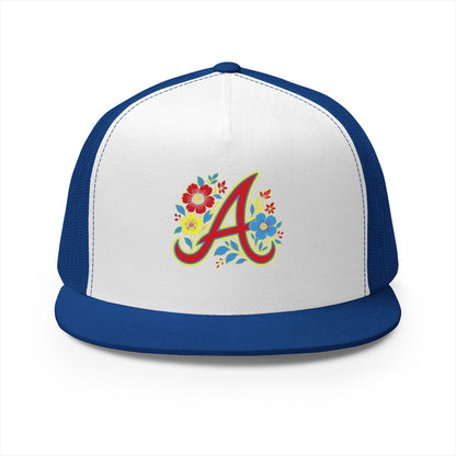 Floral Letter A Embroidered Initial Trucker Cap | Monogram Flower Hat