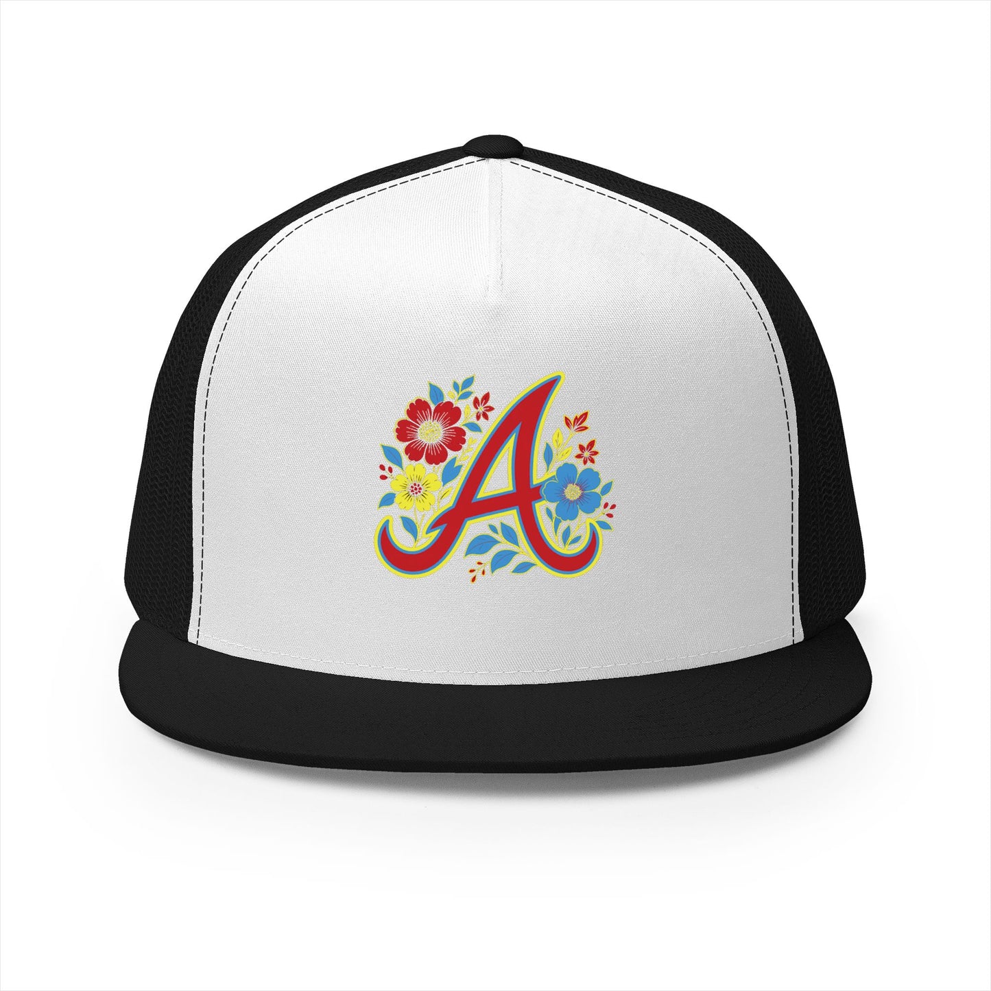 Floral Letter A Embroidered Initial Trucker Cap | Monogram Flower Hat