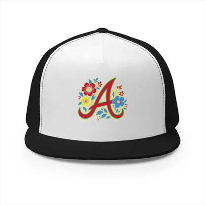 Floral Letter A Embroidered Initial Trucker Cap | Monogram Flower Hat