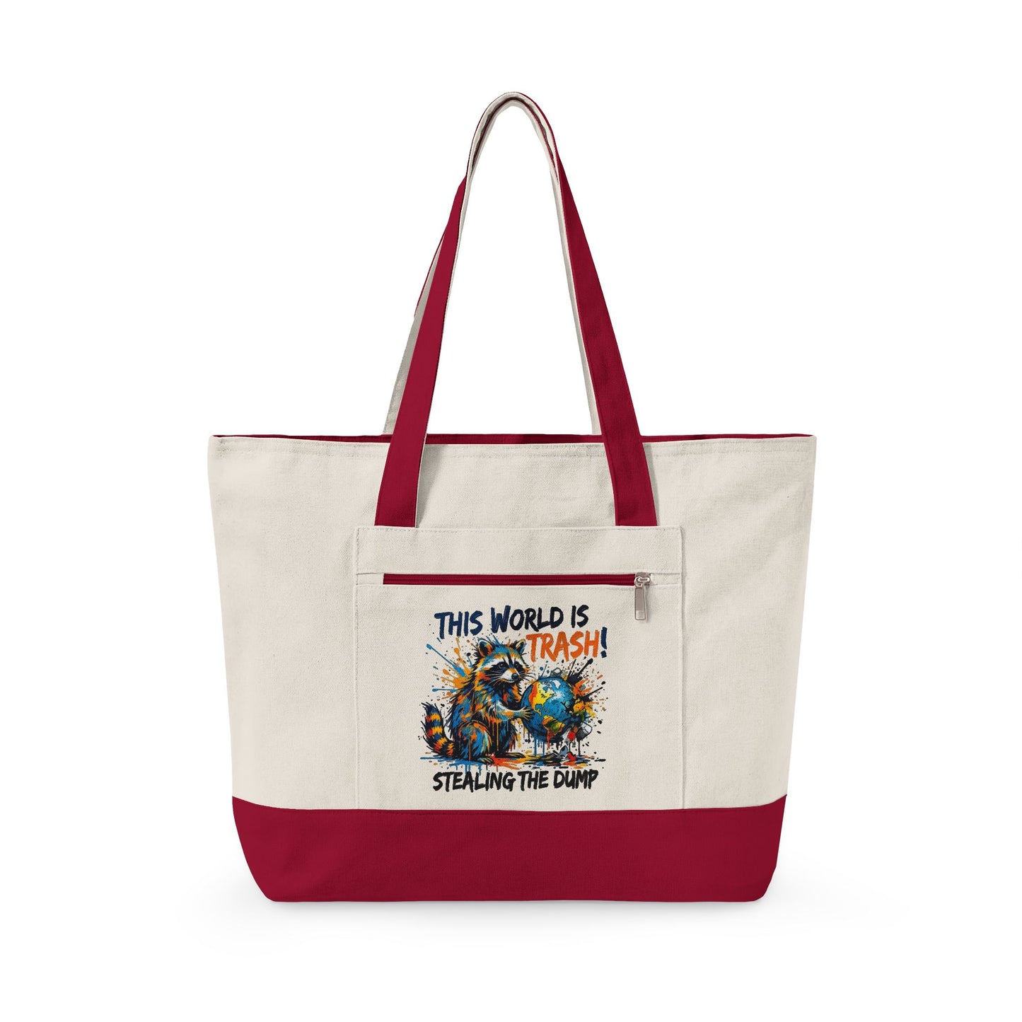 Zippered Canvas Tote — Colorful Beach Crab Design, "This World Is Trash" Statement Tote