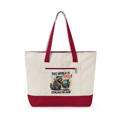 Zippered Canvas Tote — Colorful Beach Crab Design, "This World Is Trash" Statement Tote