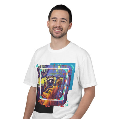 Raccoon Road Trip T-Shirt — Retro Neon Cartoon Graphic Tee