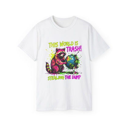 Raccoon Stealing the World Tee — 'Stealing the World' Graphic T-Shirt