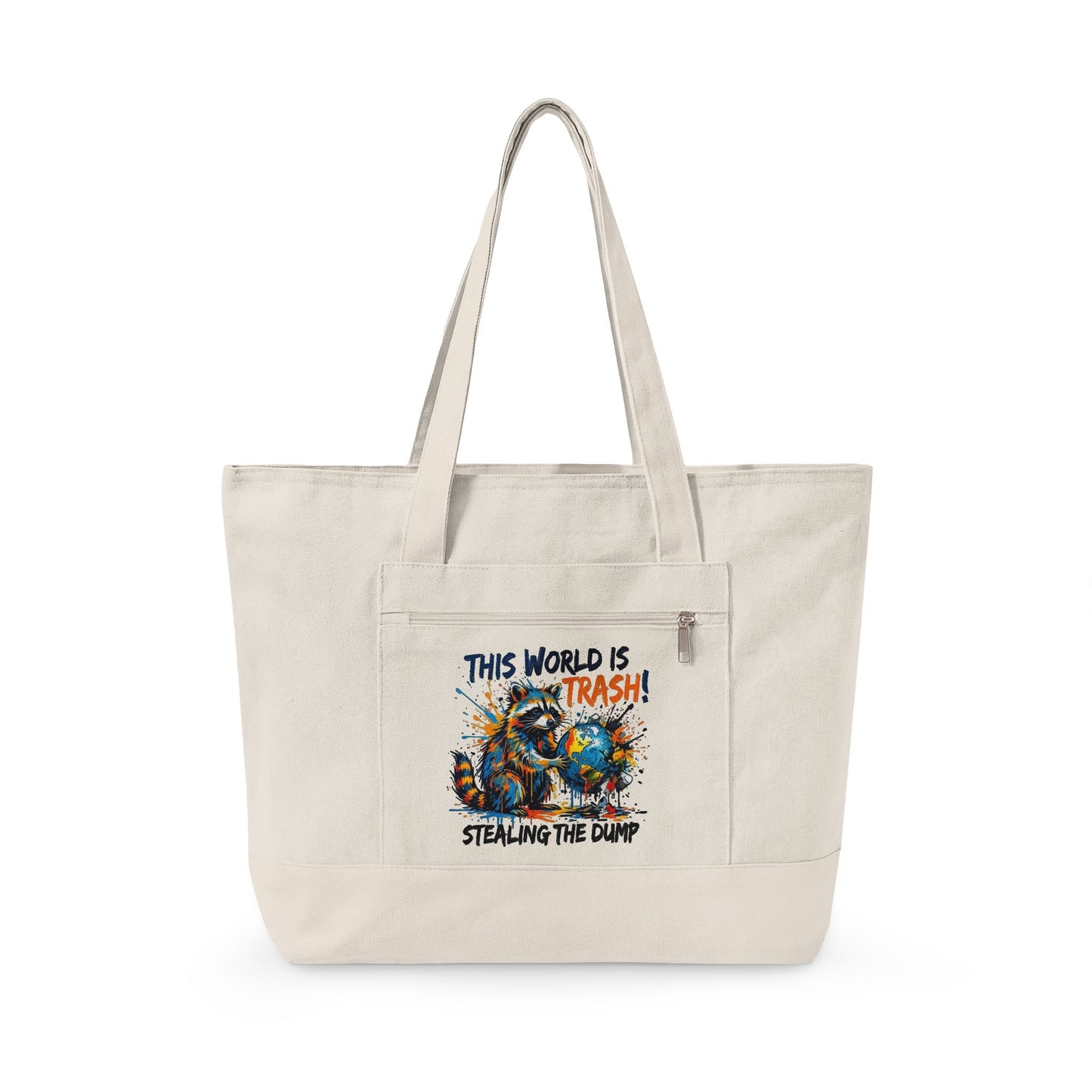 Zippered Canvas Tote — Colorful Beach Crab Design, "This World Is Trash" Statement Tote