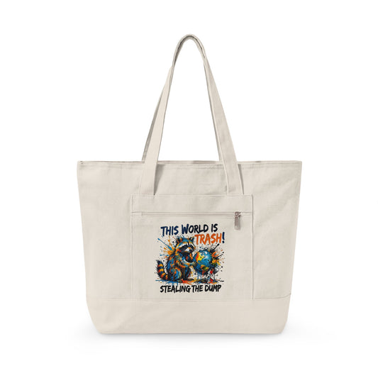 Zippered Canvas Tote — Colorful Beach Crab Design, "This World Is Trash" Statement Tote
