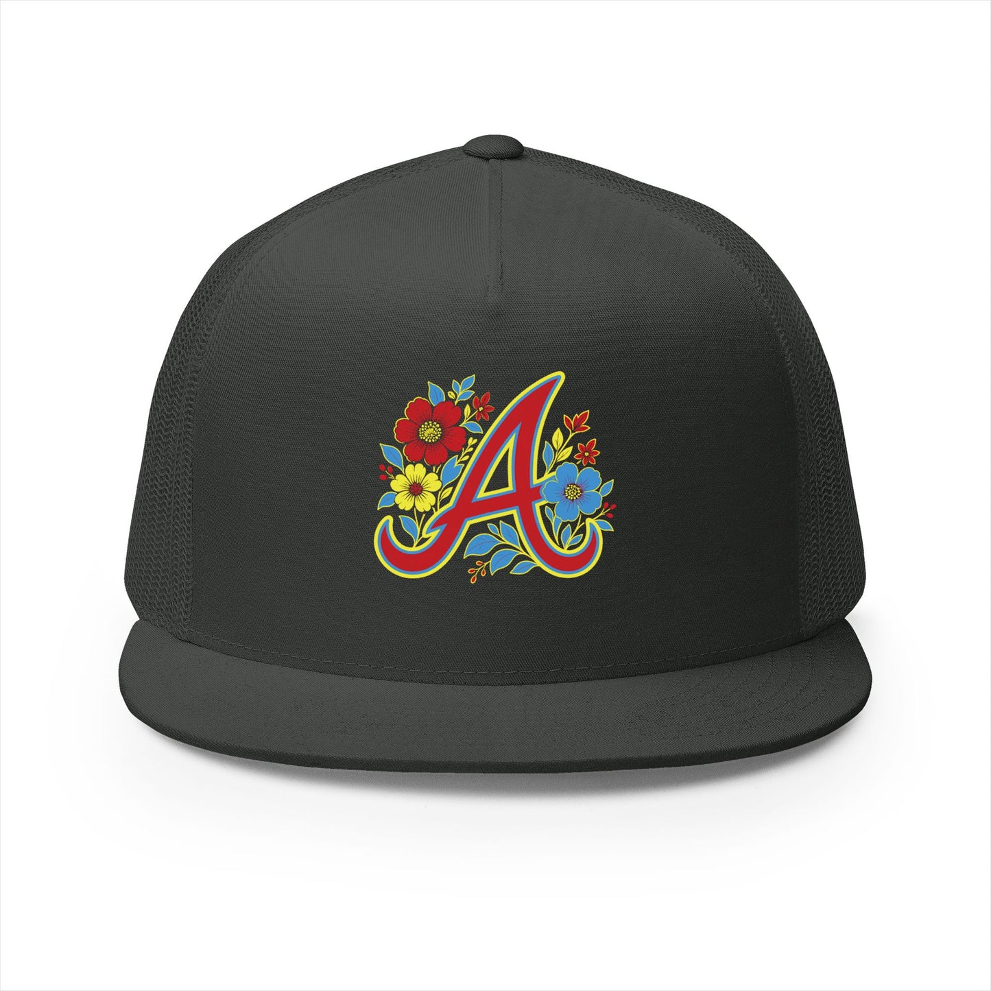 Floral Letter A Embroidered Initial Trucker Cap | Monogram Flower Hat