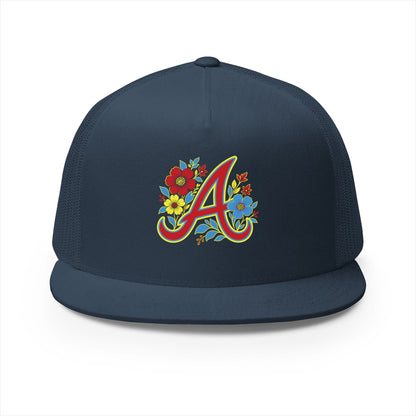 Floral Letter A Embroidered Initial Trucker Cap | Monogram Flower Hat