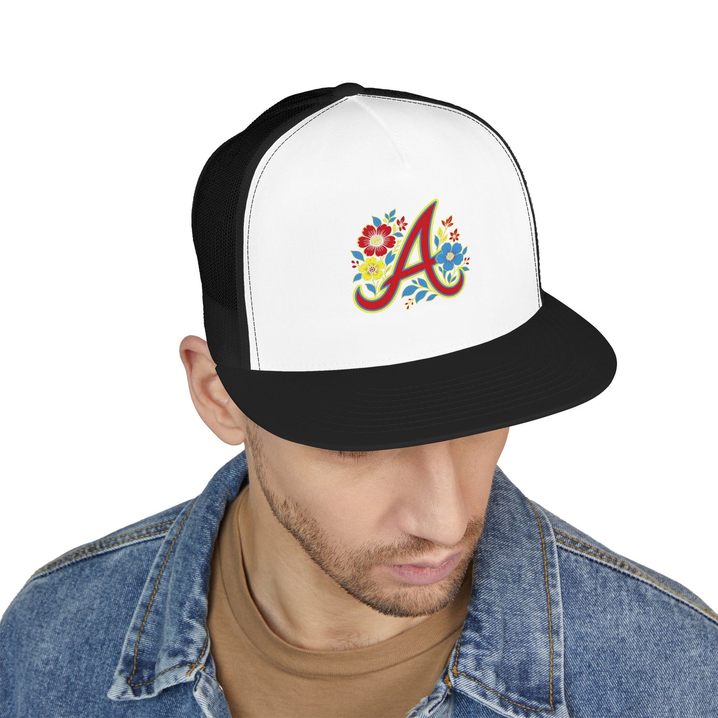 Floral Letter A Embroidered Initial Trucker Cap | Monogram Flower Hat