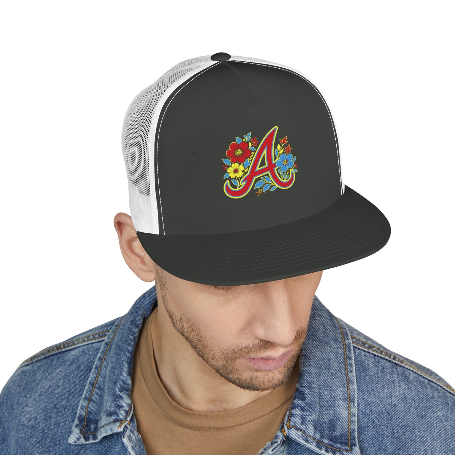 Floral Letter A Embroidered Initial Trucker Cap | Monogram Flower Hat