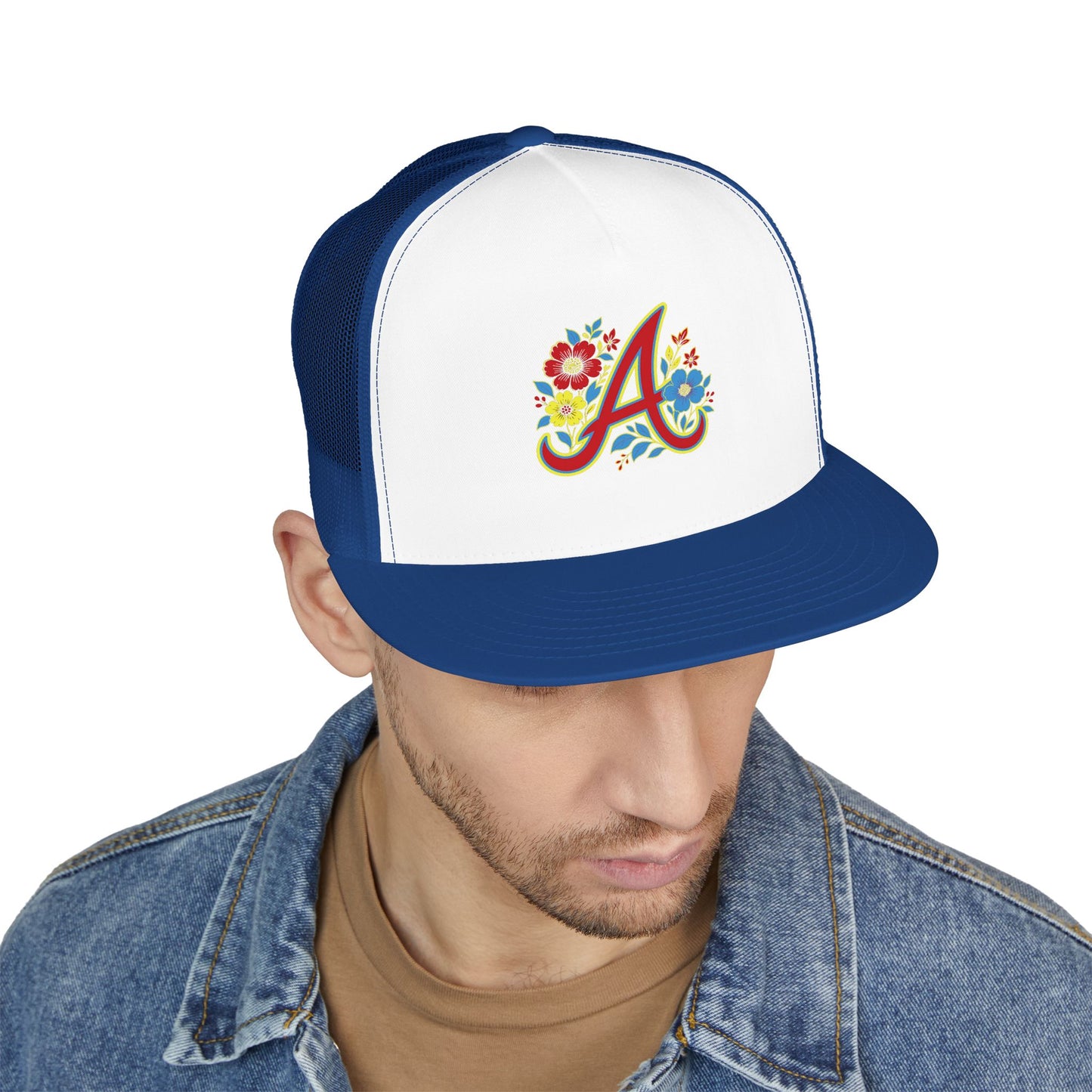 Floral Letter A Embroidered Initial Trucker Cap | Monogram Flower Hat