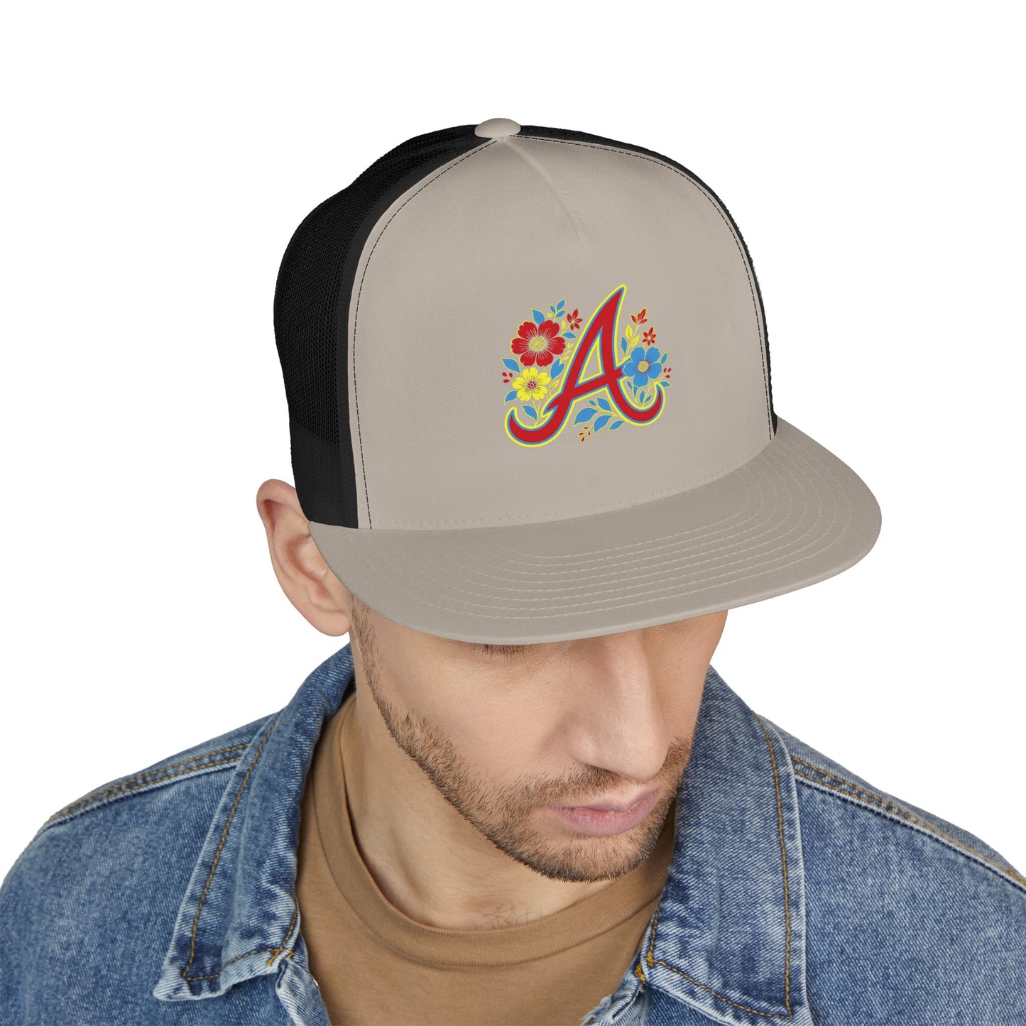 Floral Letter A Embroidered Initial Trucker Cap | Monogram Flower Hat