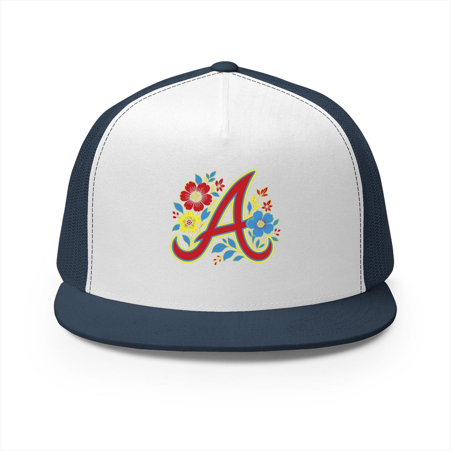 Floral Letter A Embroidered Initial Trucker Cap | Monogram Flower Hat