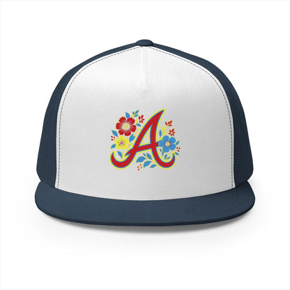 Floral Letter A Embroidered Initial Trucker Cap | Monogram Flower Hat