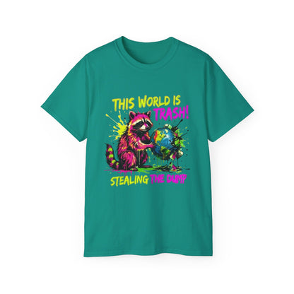 Raccoon Stealing the World Tee — 'Stealing the World' Graphic T-Shirt