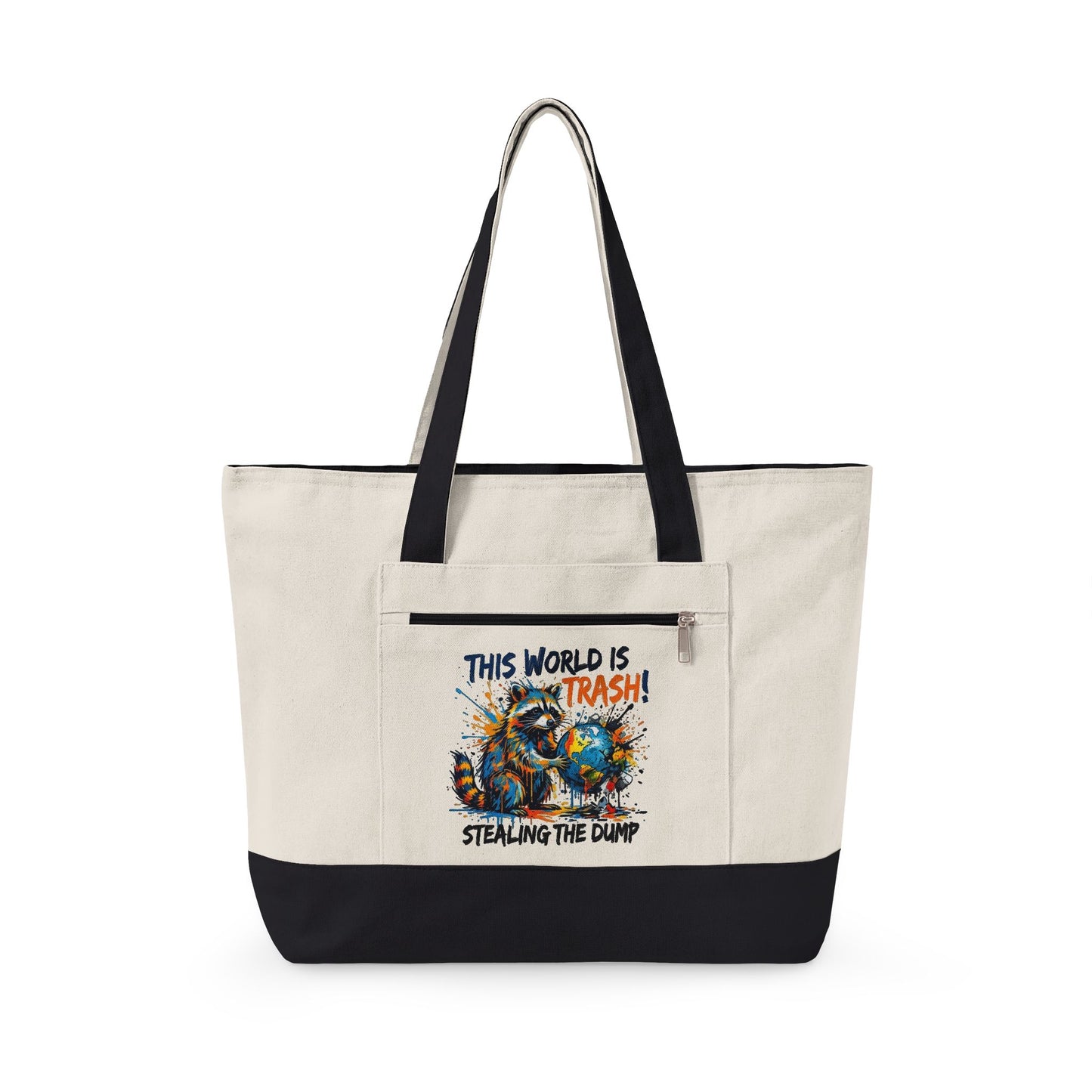 Zippered Canvas Tote — Colorful Beach Crab Design, "This World Is Trash" Statement Tote