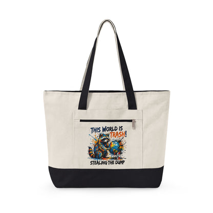 Zippered Canvas Tote — Colorful Beach Crab Design, "This World Is Trash" Statement Tote