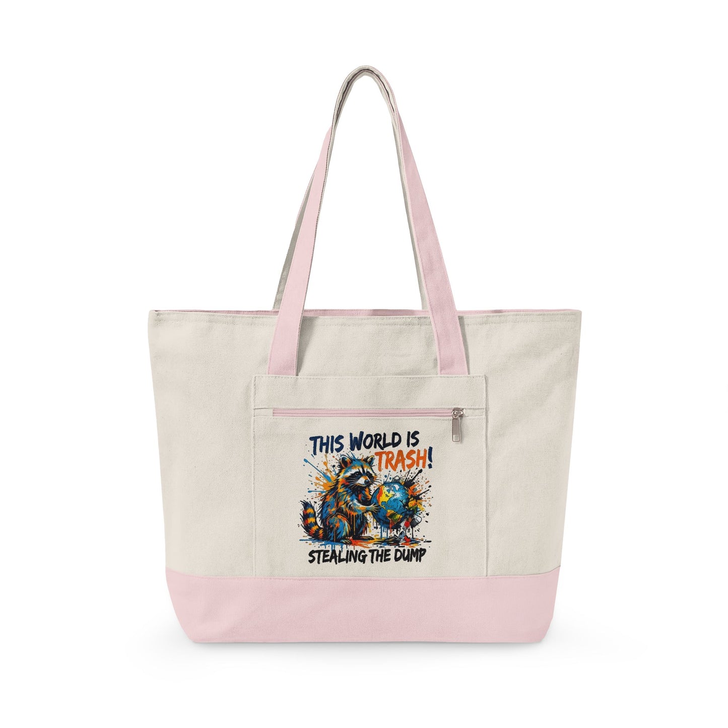 Zippered Canvas Tote — Colorful Beach Crab Design, "This World Is Trash" Statement Tote