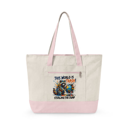 Zippered Canvas Tote — Colorful Beach Crab Design, "This World Is Trash" Statement Tote