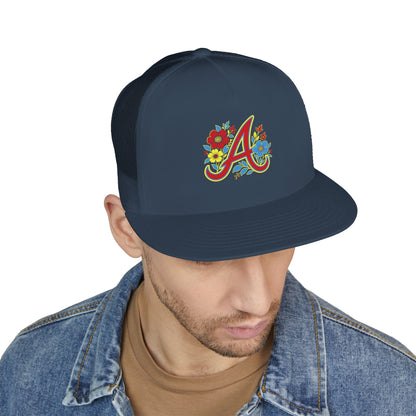 Floral Letter A Embroidered Initial Trucker Cap | Monogram Flower Hat