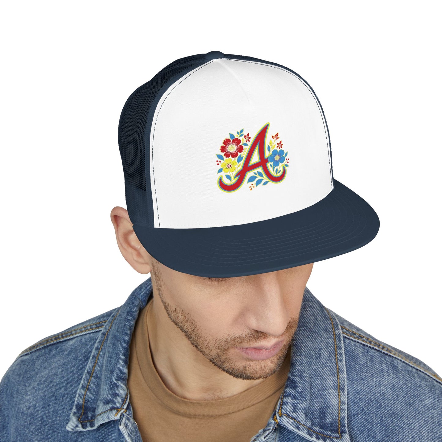Floral Letter A Embroidered Initial Trucker Cap | Monogram Flower Hat