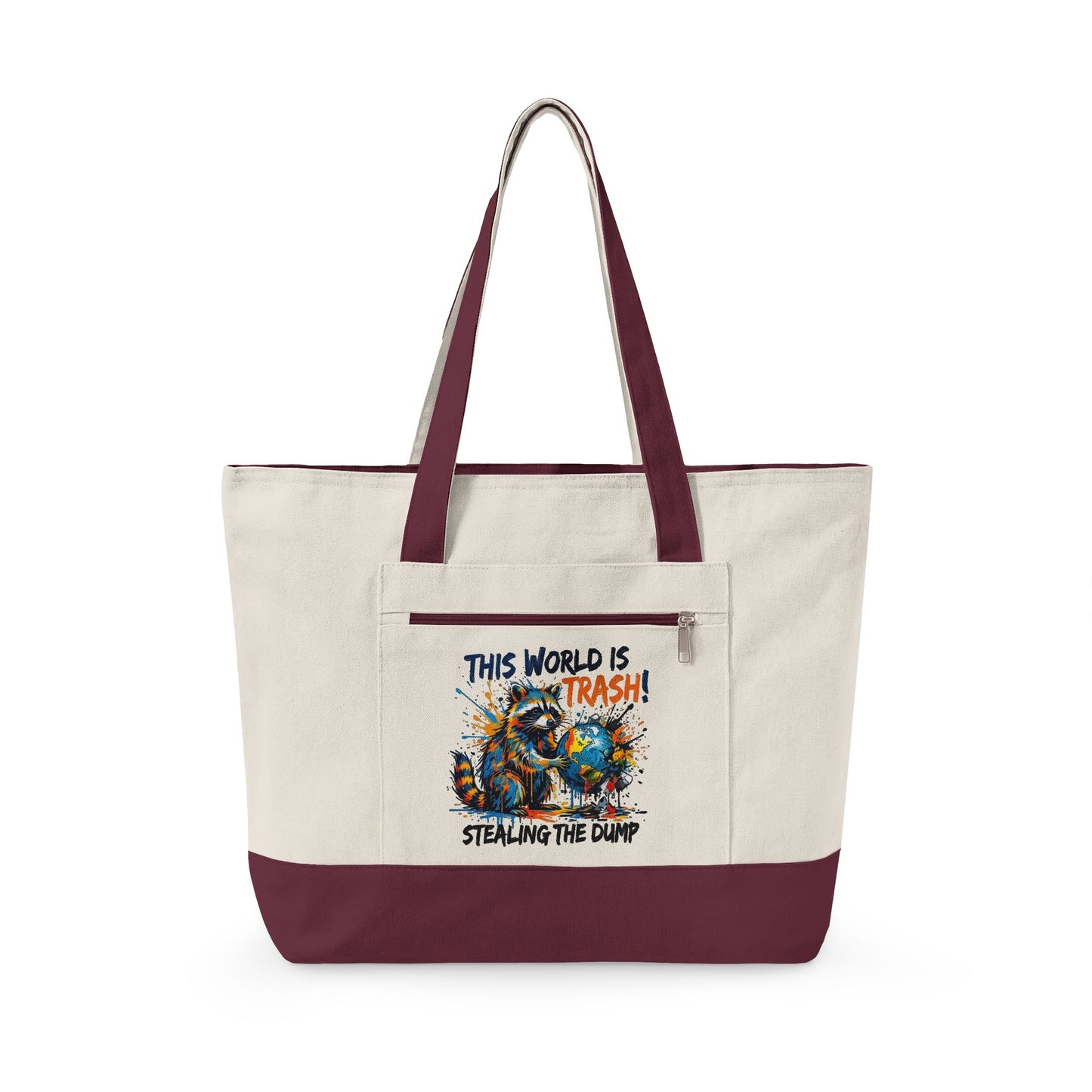 Zippered Canvas Tote — Colorful Beach Crab Design, "This World Is Trash" Statement Tote