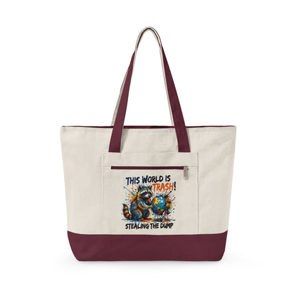 Zippered Canvas Tote — Colorful Beach Crab Design, "This World Is Trash" Statement Tote