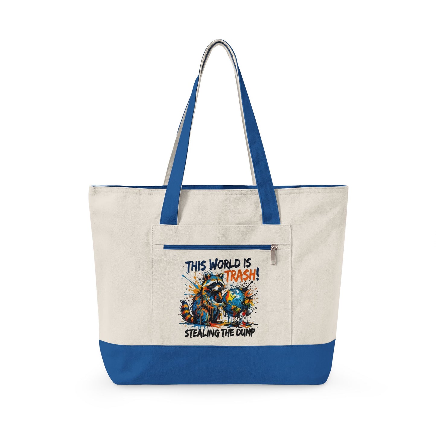 Zippered Canvas Tote — Colorful Beach Crab Design, "This World Is Trash" Statement Tote