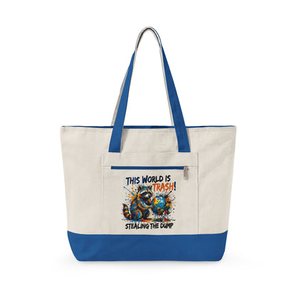 Zippered Canvas Tote — Colorful Beach Crab Design, "This World Is Trash" Statement Tote