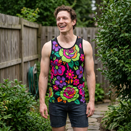 Floral Retro Tank Top — Vibrant Neon Rose All-Over Print