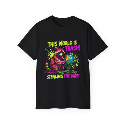 Raccoon Stealing the World Tee — 'Stealing the World' Graphic T-Shirt