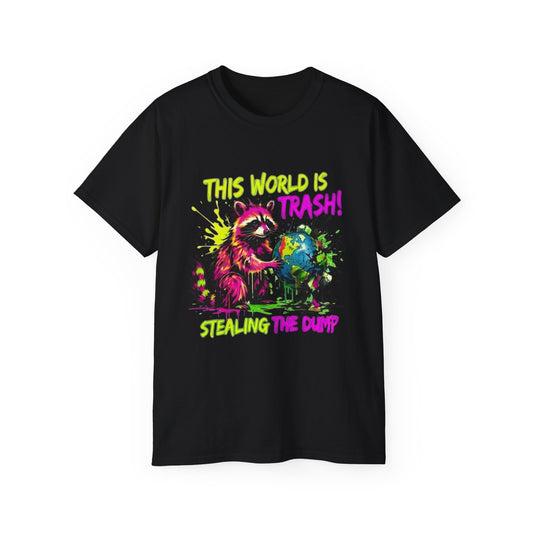 Raccoon Stealing the World Tee — 'Stealing the World' Graphic T-Shirt