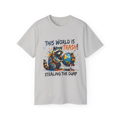 Raccoon Stealing the World Tee — 'Stealing the World' Graphic T-Shirt
