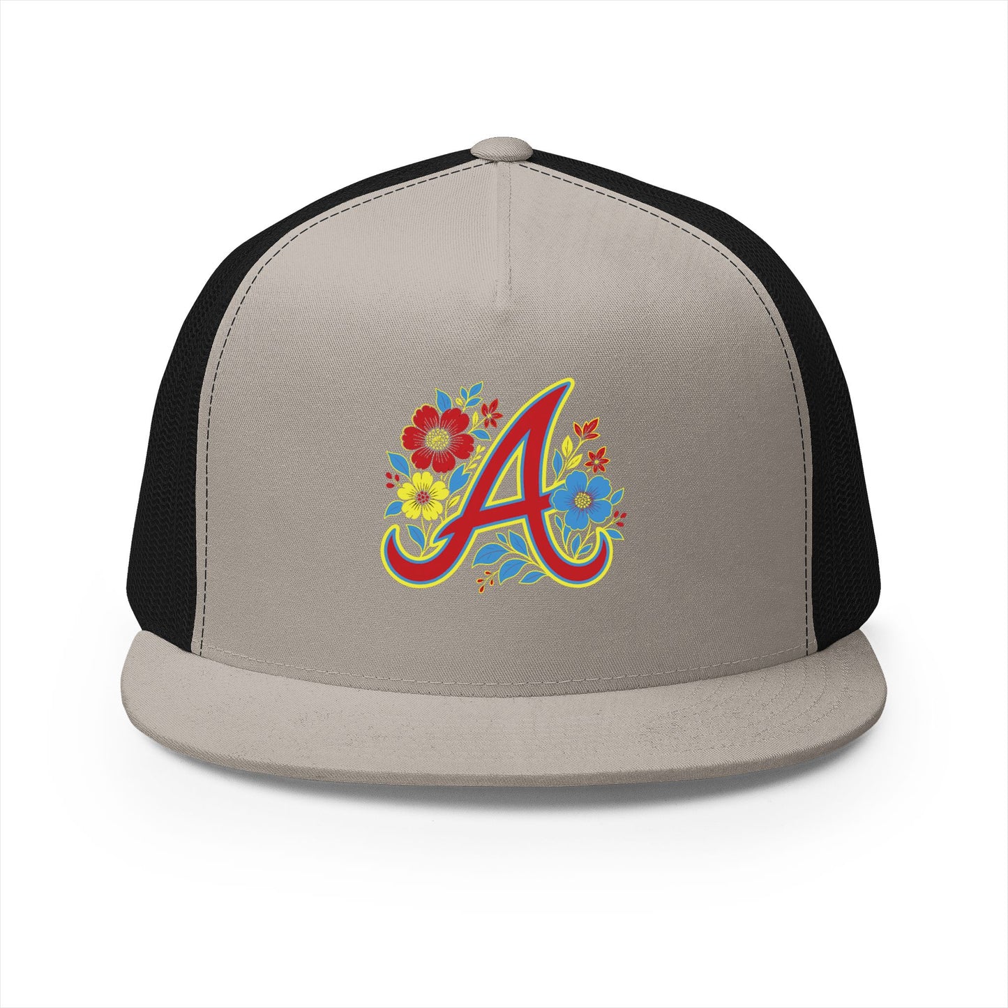 Floral Letter A Embroidered Initial Trucker Cap | Monogram Flower Hat