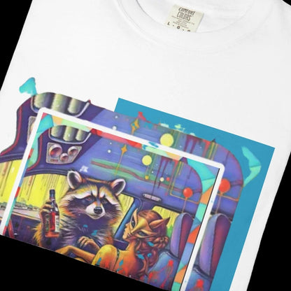 Raccoon Road Trip T-Shirt — Retro Neon Cartoon Graphic Tee