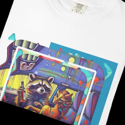 Raccoon Road Trip T-Shirt — Retro Neon Cartoon Graphic Tee