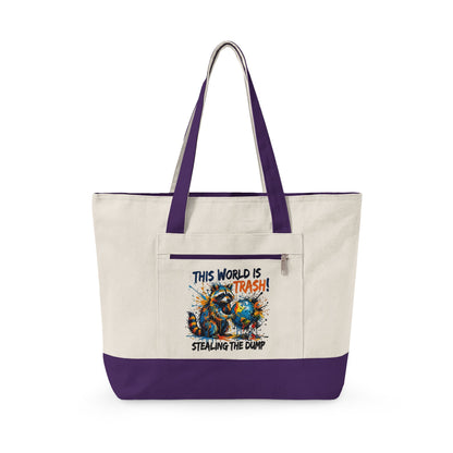 Zippered Canvas Tote — Colorful Beach Crab Design, "This World Is Trash" Statement Tote