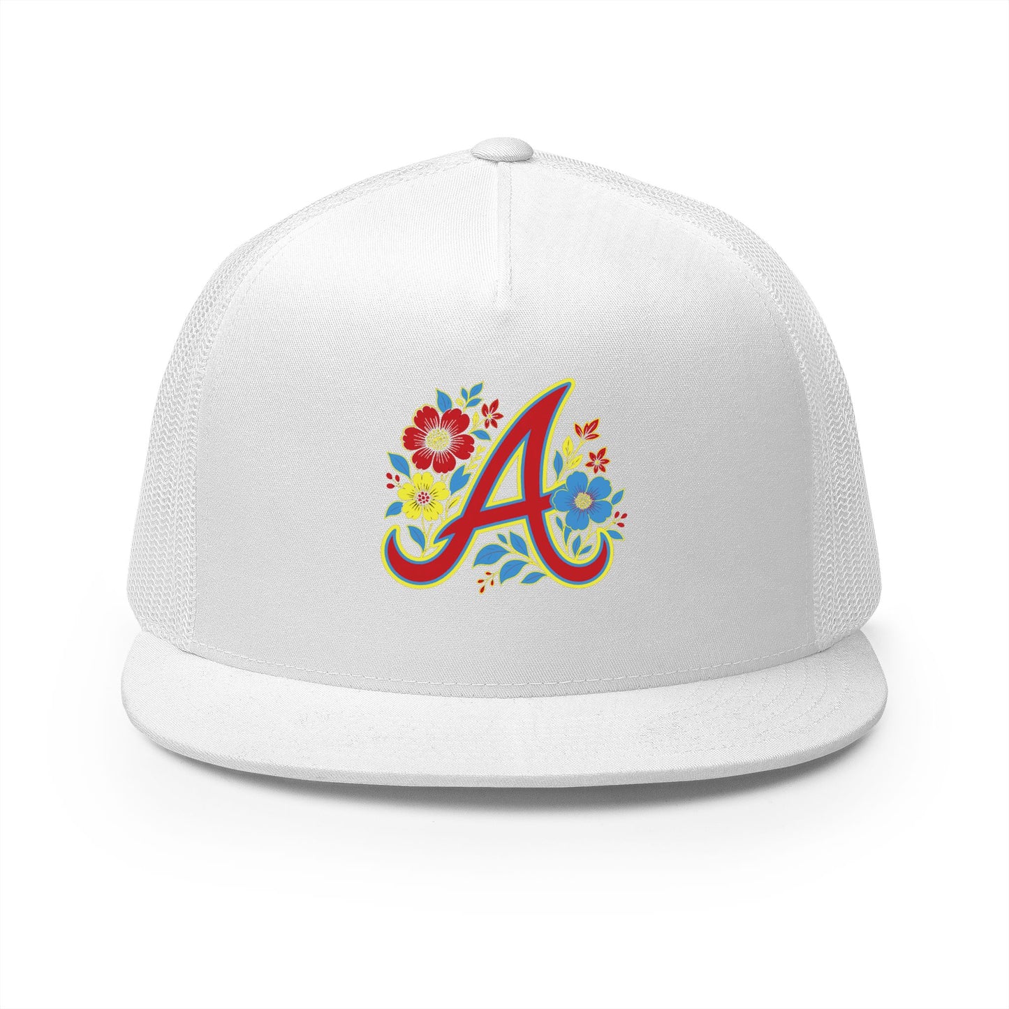 Floral Letter A Embroidered Initial Trucker Cap | Monogram Flower Hat