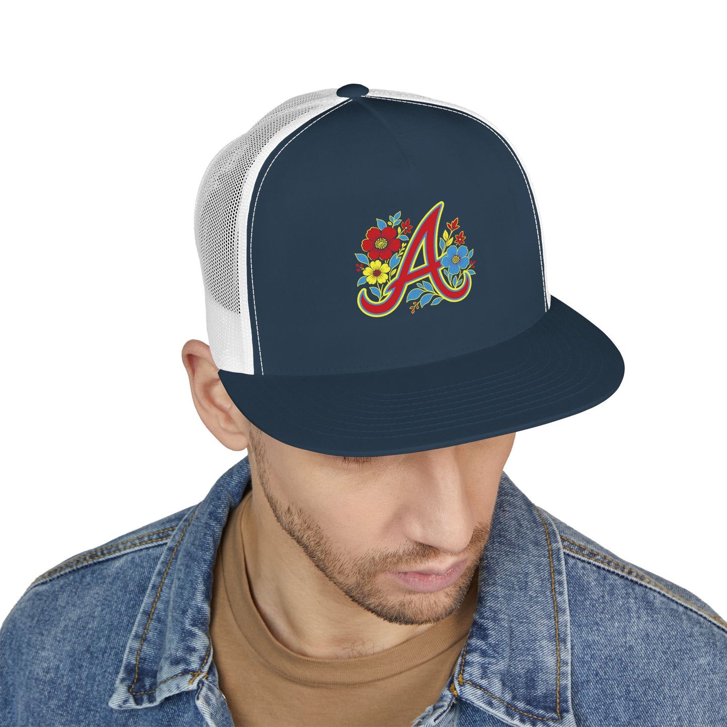 Floral Letter A Embroidered Initial Trucker Cap | Monogram Flower Hat