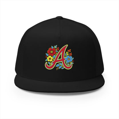 Floral Letter A Embroidered Initial Trucker Cap | Monogram Flower Hat