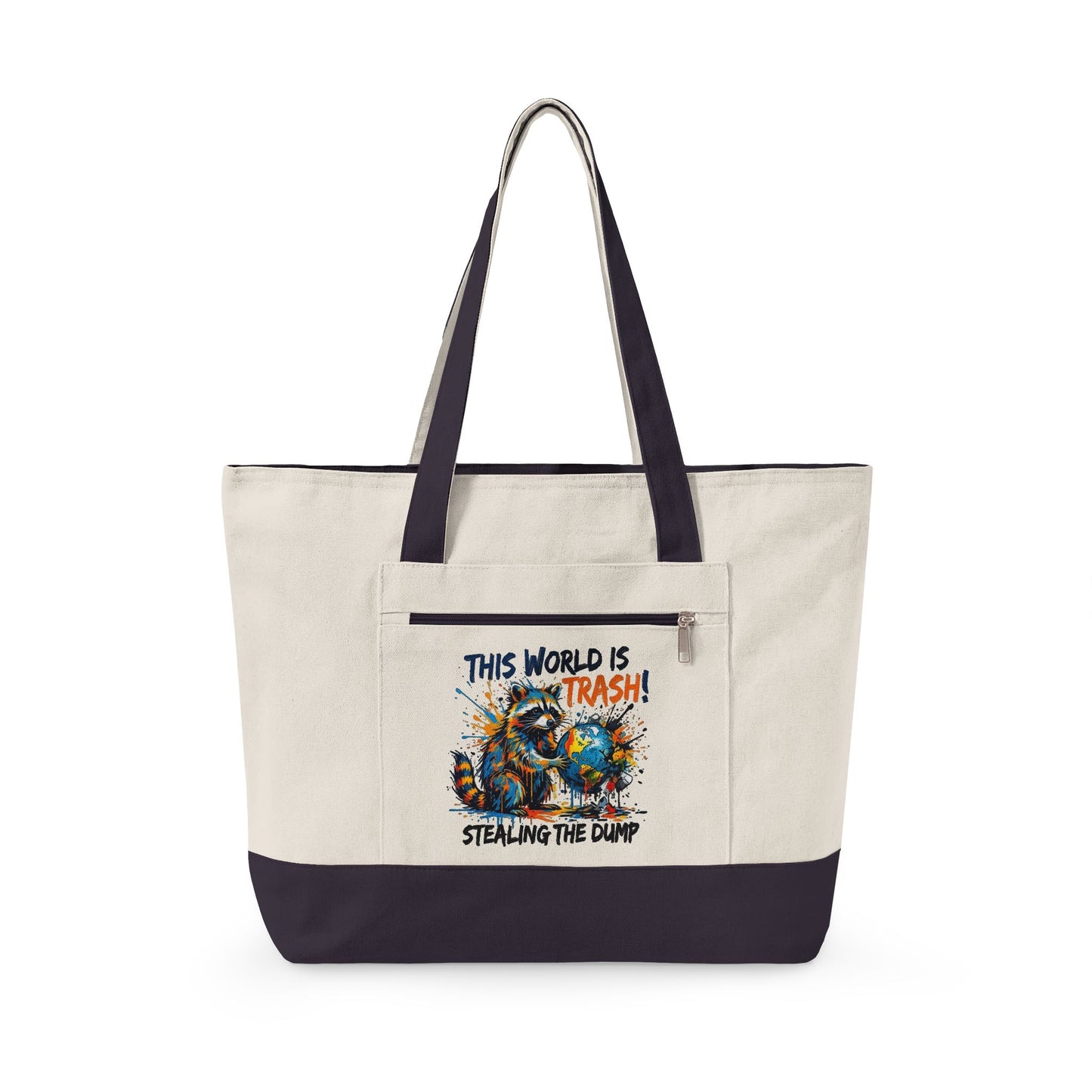Zippered Canvas Tote — Colorful Beach Crab Design, "This World Is Trash" Statement Tote
