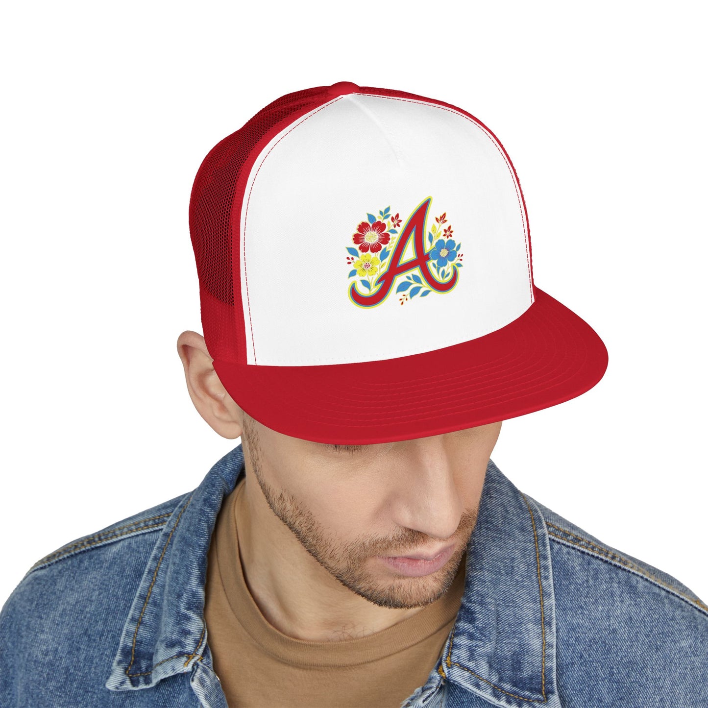 Floral Letter A Embroidered Initial Trucker Cap | Monogram Flower Hat