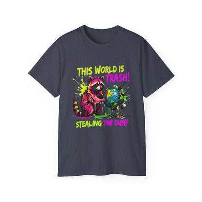 Raccoon Stealing the World Tee — 'Stealing the World' Graphic T-Shirt