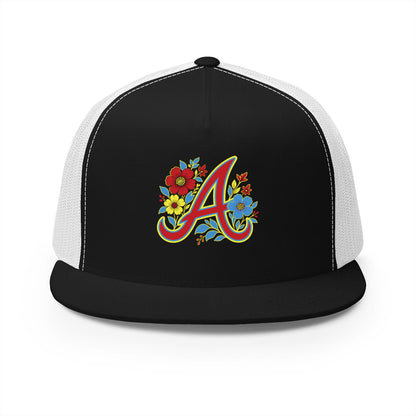 Floral Letter A Embroidered Initial Trucker Cap | Monogram Flower Hat