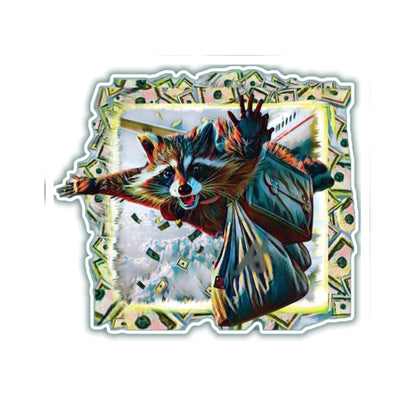 Raccoon D.B. Cooper Funny Kiss-Cut Sticker — Heist Humor Decal